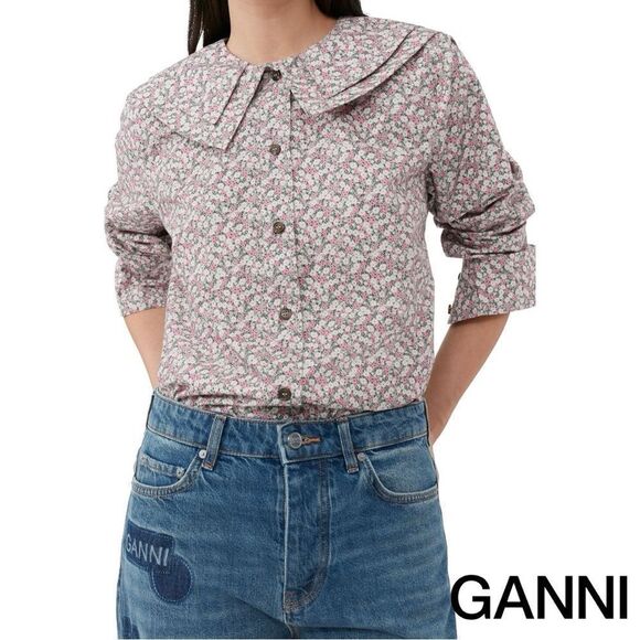 GANNI **NWT** Frost Gray Floral Print Cotton Poplin Double-Collar Shirt - Picture 2 of 16